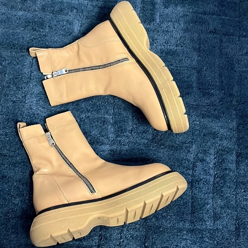 New Free People Mara Zip Moto Boots in Latte Brown Leather Size 41 or 11